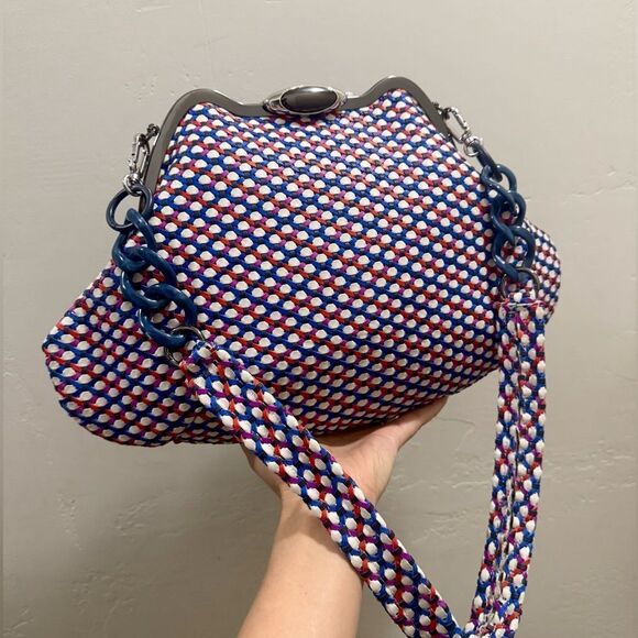 Original design! Unique Handmade Woven Lambskin Custom Metal Frame Boho Handbag - Picture 5 of 16